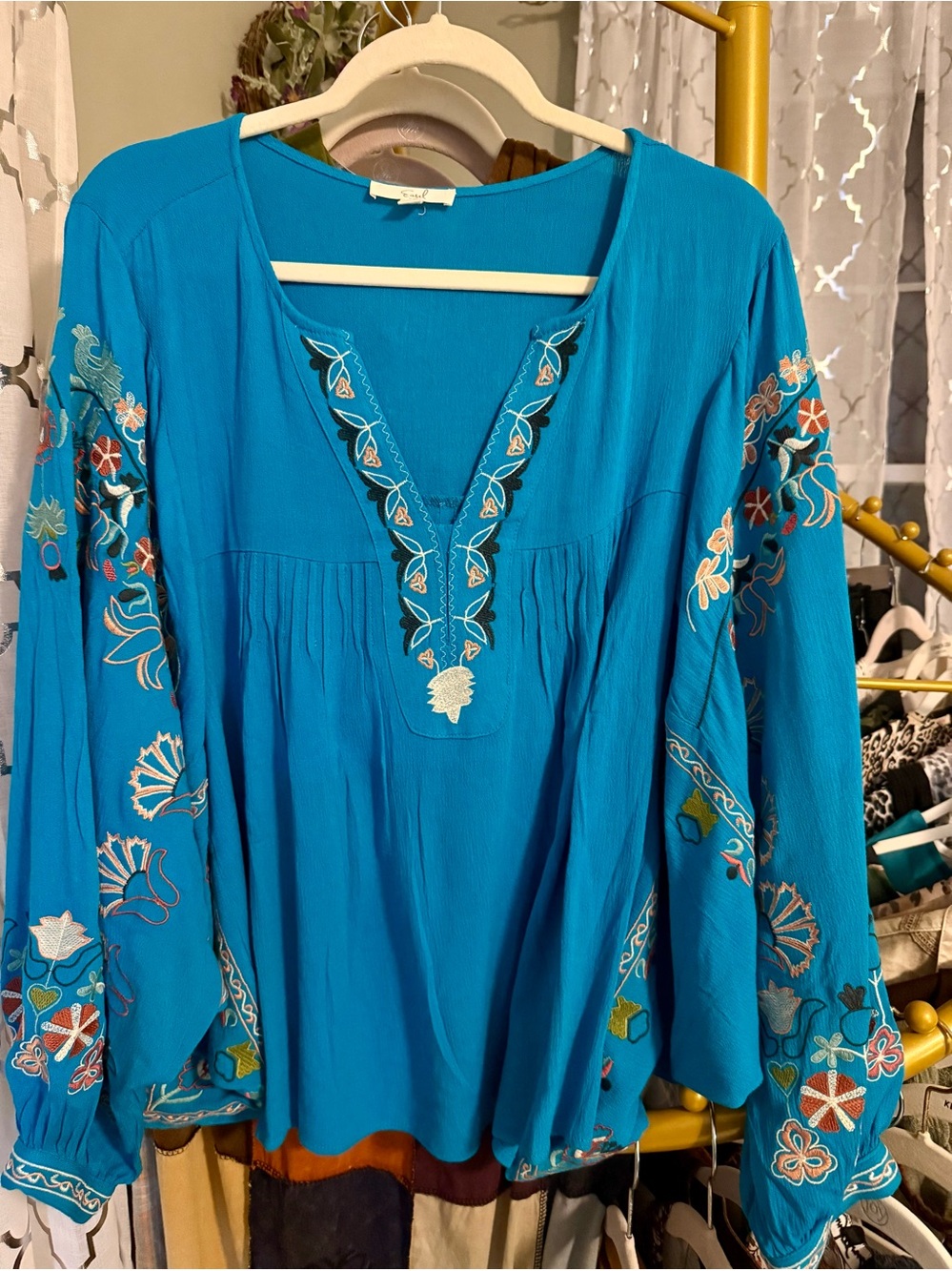Easel NEW Embroidered V-Neck Peasant Blouse - Turquoise boho 
Stunning